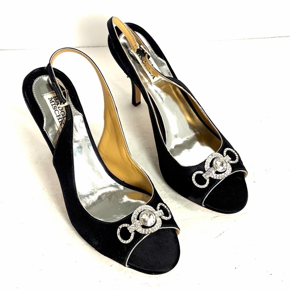 Badgley Mischka Black Satin Peep-toe Slingback Pumps Crystal Detail Dressy 9.5